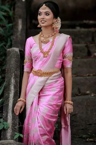 Baby pink silk blend jacuard work festival saree with unstitched blouse piece