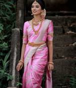 Baby pink silk blend jacuard work festival saree with unstitched blouse piece