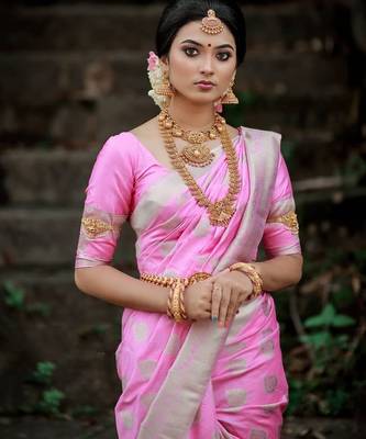 Baby pink silk blend jacuard work festival saree with unstitched blouse piece 2