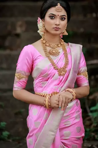 Baby pink silk blend jacuard work festival saree with unstitched blouse piece