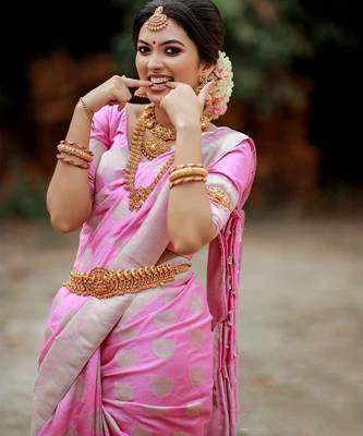 Baby pink silk blend jacuard work festival saree with unstitched blouse piece 3