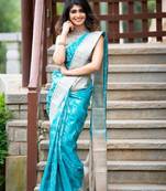 Turquoise silk blend jacuard work festival saree with unstitched blouse piece