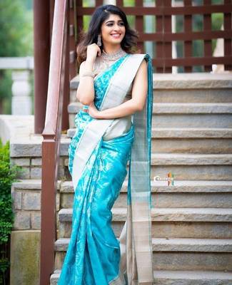 Turquoise silk blend jacuard work festival saree with unstitched blouse piece 2