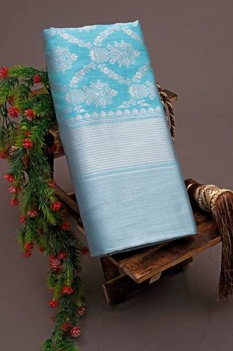 Turquoise silk blend jacuard work festival saree with unstitched blouse piece