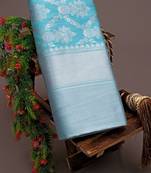 Turquoise silk blend jacuard work festival saree with unstitched blouse piece