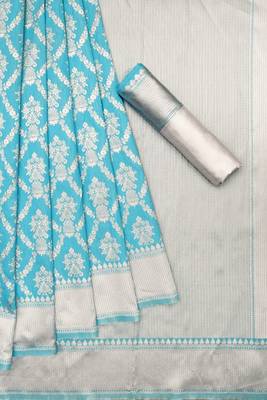 Turquoise silk blend jacuard work festival saree with unstitched blouse piece 2