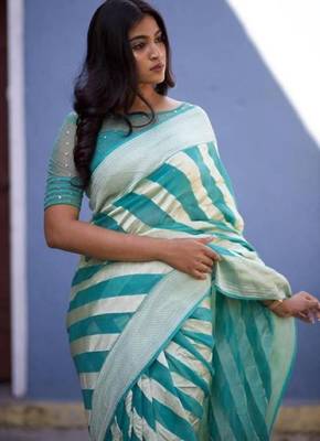 Sky blue  silk blend jacuard work festival saree with unstitched blouse piece 3