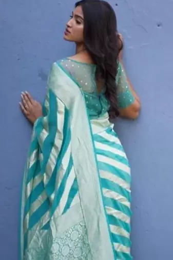 Sky blue  silk blend jacuard work festival saree with unstitched blouse piece