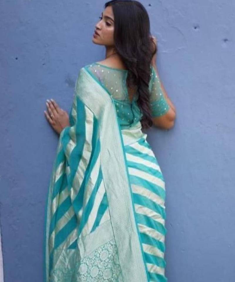 Sky blue  silk blend jacuard work festival saree with unstitched blouse piece