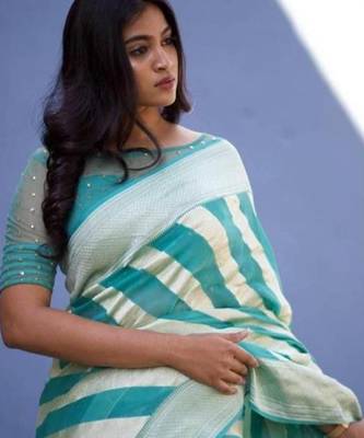 Sky blue  silk blend jacuard work festival saree with unstitched blouse piece 5