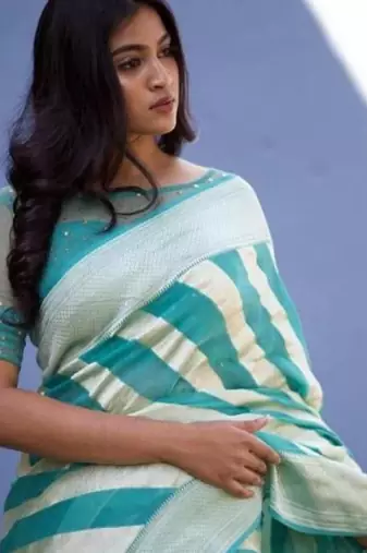 Sky blue  silk blend jacuard work festival saree with unstitched blouse piece