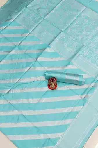Sky blue  silk blend jacuard work festival saree with unstitched blouse piece