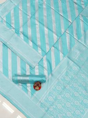 Sky blue  silk blend jacuard work festival saree with unstitched blouse piece 2