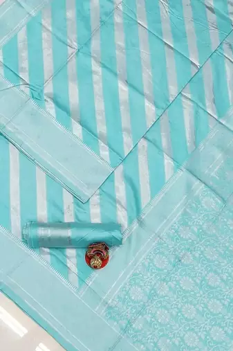 Sky blue  silk blend jacuard work festival saree with unstitched blouse piece