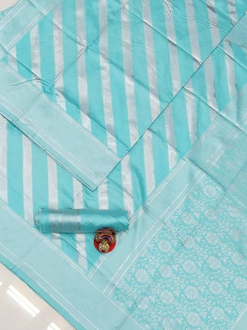Sky blue  silk blend jacuard work festival saree with unstitched blouse piece