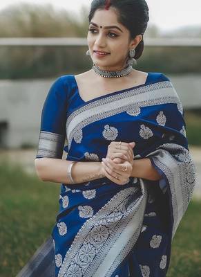 Blue  silk blend jacuard work festival saree with unstitched blouse piece 1