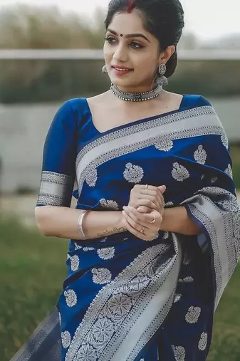 Blue  silk blend jacuard work festival saree with unstitched blouse piece