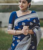 Blue  silk blend jacuard work festival saree with unstitched blouse piece