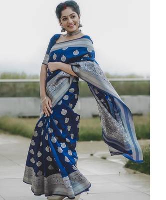 Blue  silk blend jacuard work festival saree with unstitched blouse piece 2