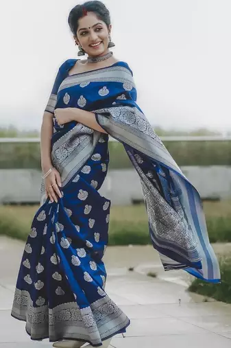 Blue  silk blend jacuard work festival saree with unstitched blouse piece