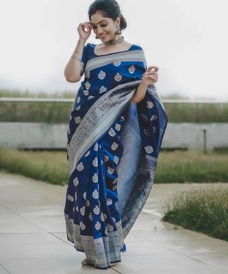 Blue  silk blend jacuard work festival saree with unstitched blouse piece 3