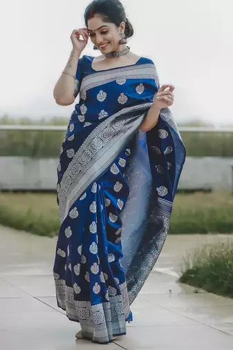 Blue  silk blend jacuard work festival saree with unstitched blouse piece