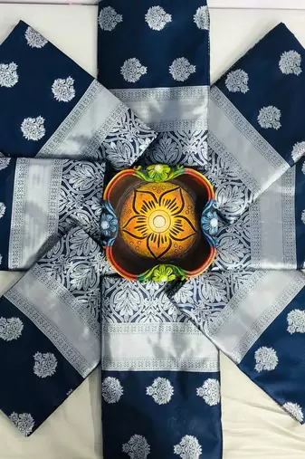 Blue  silk blend jacuard work festival saree with unstitched blouse piece