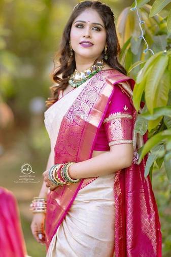 Off white pink  silk blend jacuard work festival saree with unstitched blouse piece