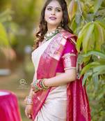 Off white pink  silk blend jacuard work festival saree with unstitched blouse piece