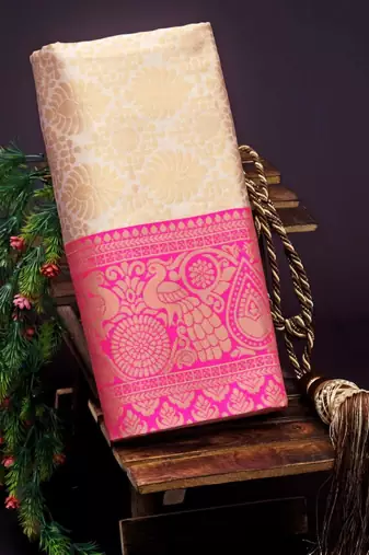Off white pink  silk blend jacuard work festival saree with unstitched blouse piece
