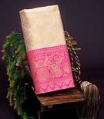 Off white pink  silk blend jacuard work festival saree with unstitched blouse piece