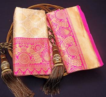 Off white pink  silk blend jacuard work festival saree with unstitched blouse piece 2