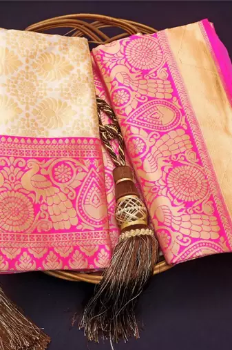 Off white pink  silk blend jacuard work festival saree with unstitched blouse piece