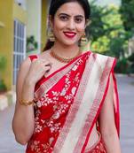 Red  silk blend jacuard work festival saree with unstitched blouse piece