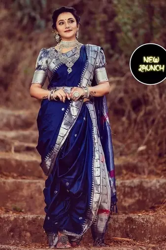 Blue  silk blend jacuard work festival saree with unstitched blouse piece
