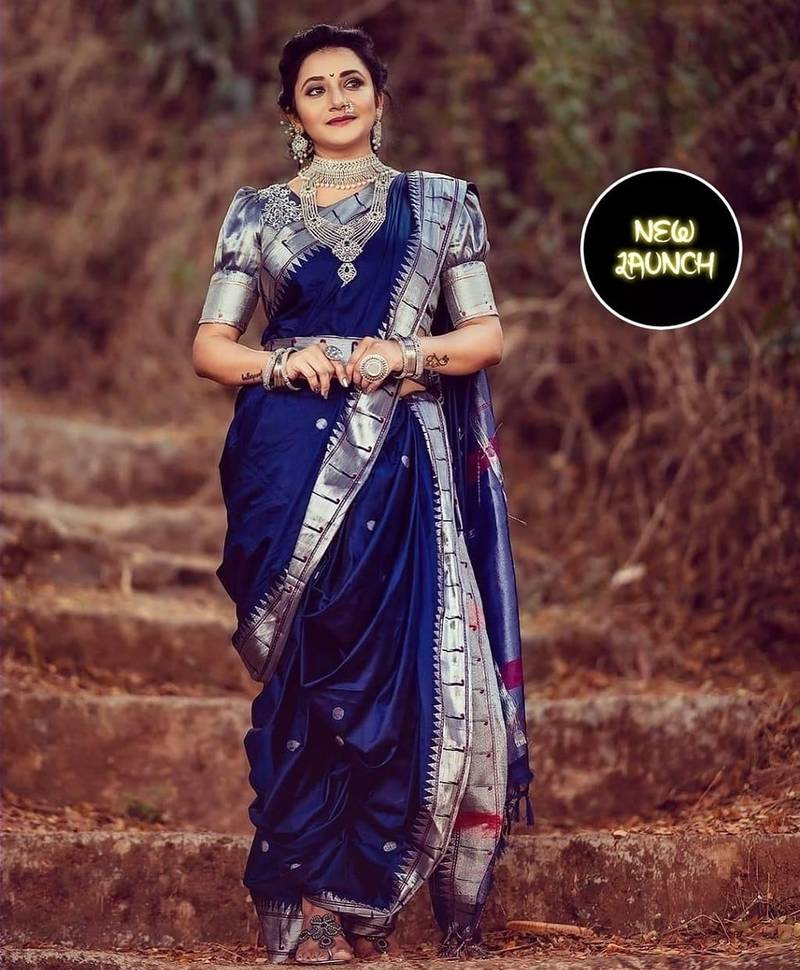 Blue  silk blend jacuard work festival saree with unstitched blouse piece