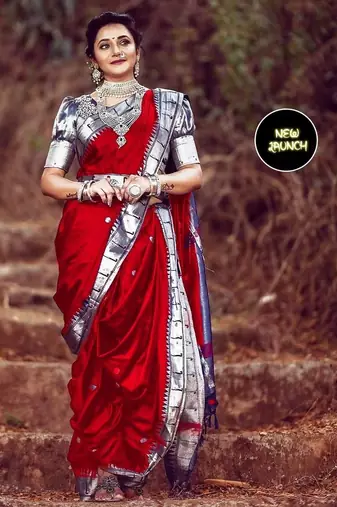 Red  silk blend jacuard work festival saree with unstitched blouse piece