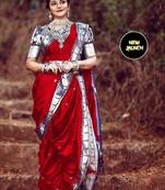 Red  silk blend jacuard work festival saree with unstitched blouse piece