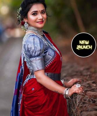Red  silk blend jacuard work festival saree with unstitched blouse piece 2