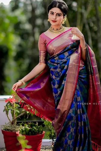Blue pink  silk blend jacuard work festival saree with unstitched blouse piece