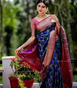 Blue pink  silk blend jacuard work festival saree with unstitched blouse piece