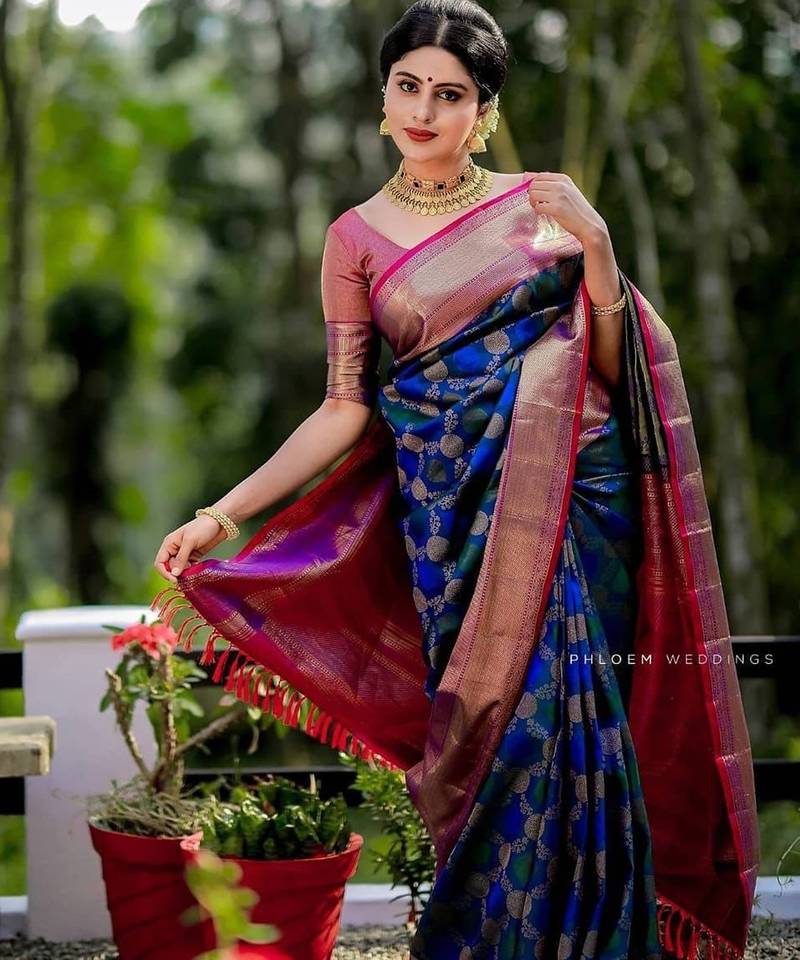 Blue pink  silk blend jacuard work festival saree with unstitched blouse piece