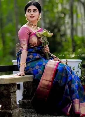 Blue pink  silk blend jacuard work festival saree with unstitched blouse piece 2