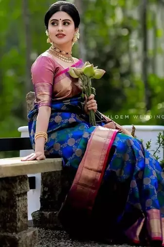 Blue pink  silk blend jacuard work festival saree with unstitched blouse piece