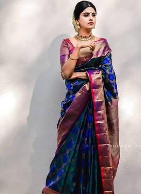 Blue pink  silk blend jacuard work festival saree with unstitched blouse piece 3