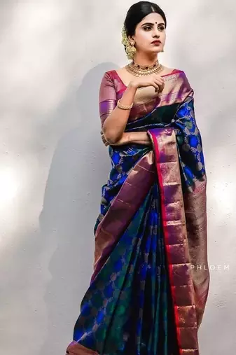 Blue pink  silk blend jacuard work festival saree with unstitched blouse piece