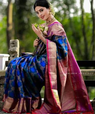 Blue pink  silk blend jacuard work festival saree with unstitched blouse piece 4