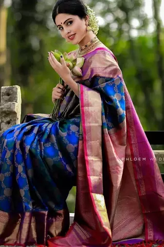 Blue pink  silk blend jacuard work festival saree with unstitched blouse piece
