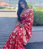 Red  silk blend jacuard work festival saree with unstitched blouse piece