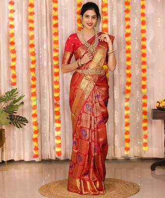 Red  silk blend jacuard work festival saree with unstitched blouse piece 1
